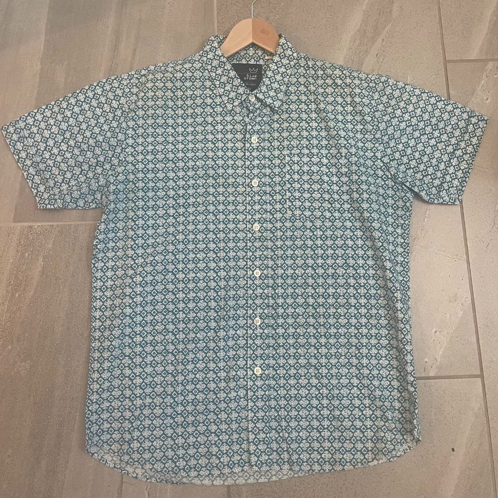 Blue Crown Short Sleeve Button Down Shirt-Turquoise XL